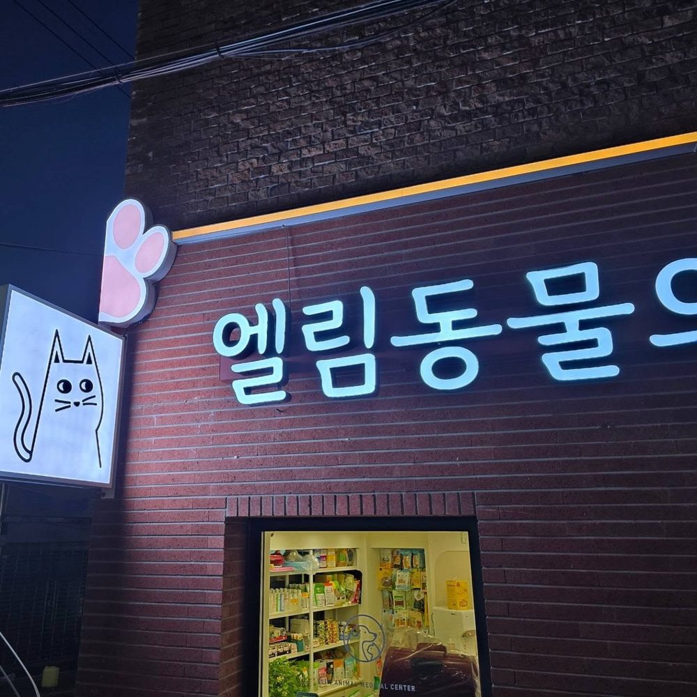 밤에 불이 켜진 엘림동물의료센터 간판